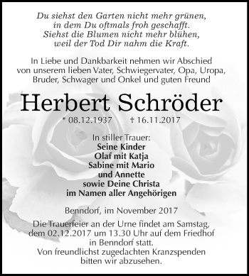 Traueranzeige von Herbert Schröder von Wochenspiegel Mansfelder Land