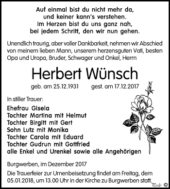 Traueranzeige von Herbert Wünsch von Mitteldeutsche Zeitung Weißenfels