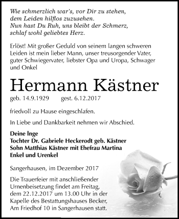 Traueranzeige von Hermann Kästner von Mitteldeutsche Zeitung