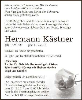 Traueranzeige von Hermann Kästner von Super Sonntag SGH Mansf. Land