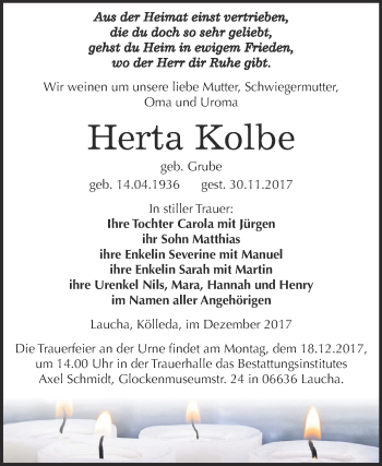 Traueranzeige von Herta Kolbe von WVG - Wochenspiegel NMB / WSF / ZTZ