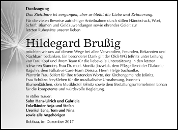 Traueranzeige von Hildegard Brußig von Mitteldeutsche Zeitung Bitterfeld