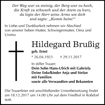 Traueranzeige von Hildegard Brußig von Mitteldeutsche Zeitung Bitterfeld