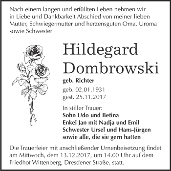 Traueranzeige von Hildegard Dombrowski von WVG - Wochenspiegel Wittenberg
