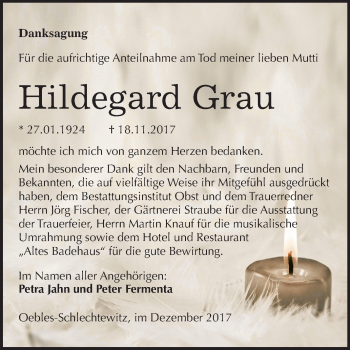Traueranzeige von Hildegard Grau von Mitteldeutsche Zeitung Merseburg/Querfurt