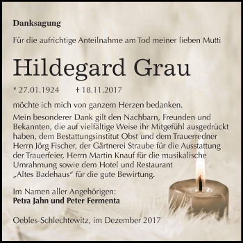 Traueranzeige von Hildegard Grau von Mitteldeutsche Zeitung Sangerhausen