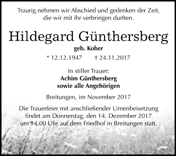 Traueranzeige von Hildegard Günthersberg von Mitteldeutsche Zeitung