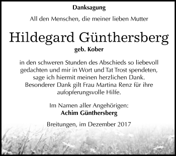 Traueranzeige von Hildegard Günthersberg von Mitteldeutsche Zeitung Sangerhausen