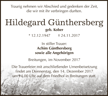 Traueranzeige von Hildegard Günthersberg von Super Sonntag SGH Mansf. Land