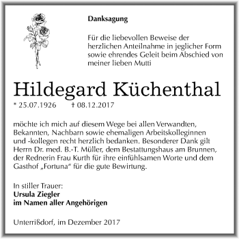Traueranzeige von Hildegard Küchenthal von Mitteldeutsche Zeitung
