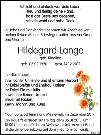 Traueranzeige von Hildegard Lange von Mitteldeutsche Zeitung Zeitz