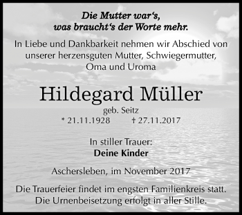 Traueranzeige von Hildegard Müller von Mitteldeutsche Zeitung Aschersleben