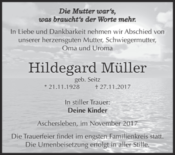 Traueranzeige von Hildegard Müller von Super Sonntag Aschersleben