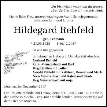 Traueranzeige von Hildegard Rehfeld von Mitteldeutsche Zeitung