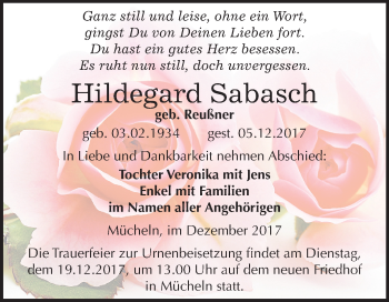 Traueranzeige von Hildegard Sabasch von Mitteldeutsche Zeitung Merseburg/Querfurt