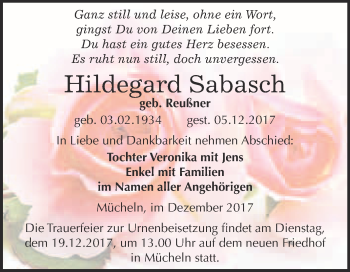 Traueranzeige von Hildegard Sabasch von WVG - Wochenspiegel Merseburg