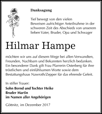 Traueranzeige von Hilmar Hampe von Mitteldeutsche Zeitung Bitterfeld