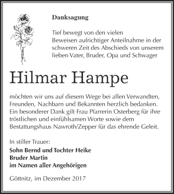 Traueranzeige von Hilmar Hampe von WVG - Wochenspiegel Bitterfeld
