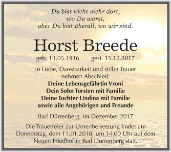 Traueranzeige von Horst Breede von Mitteldeutsche Zeitung Merseburg/Querfurt