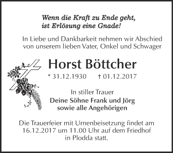 Traueranzeige von Horst Böttcher von WVG - Wochenspiegel Bitterfeld