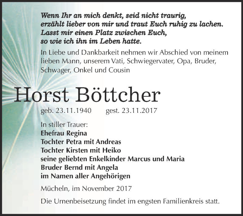  Traueranzeige für Horst Böttcher vom 02.12.2017 aus WVG - Wochenspiegel Merseburg