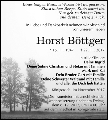 Traueranzeige von Horst Böttger von Mitteldeutsche Zeitung Quedlinburg