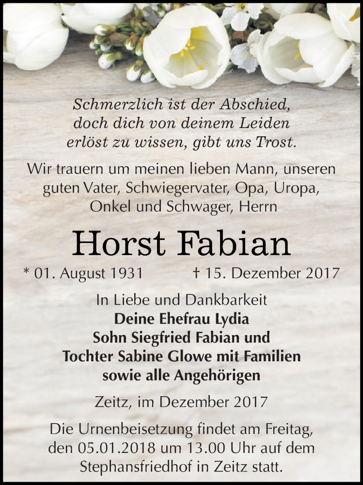 Traueranzeige für Horst Fabian vom 23.12.2017 aus Super Sonntag Zeitz