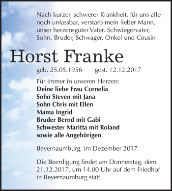 Traueranzeige von Horst Franke von Mitteldeutsche Zeitung