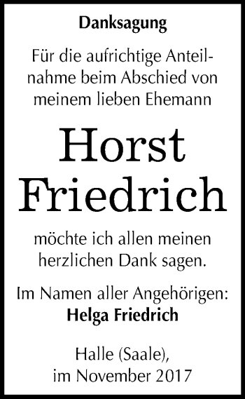 Traueranzeige von Horst Friedrich von Mitteldeutsche Zeitung Halle/Saalkreis