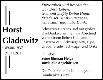 Traueranzeige von Horst Gladewitz von Mitteldeutsche Zeitung Dessau-Roßlau