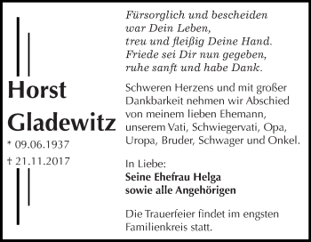 Traueranzeige von Horst Gladewitz von WVG - Wochenspiegel Dessau / Köthen