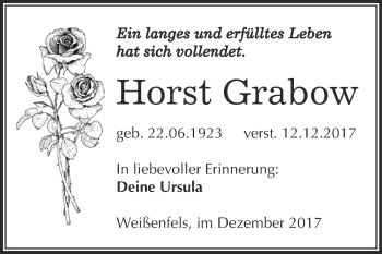 Traueranzeige von Horst Grabow von WVG - Wochenspiegel NMB / WSF / ZTZ