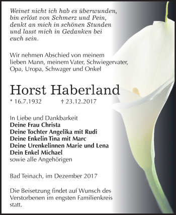Traueranzeige von Horst Haberland von Mitteldeutsche Zeitung
