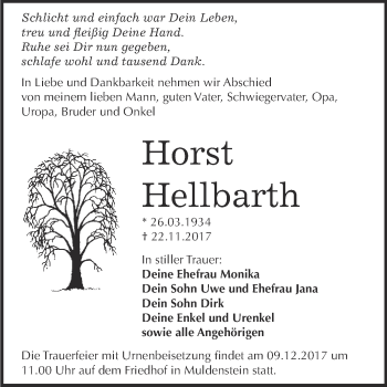 Traueranzeige von Horst Hellbarth von WVG - Wochenspiegel Bitterfeld