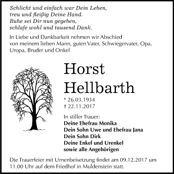 Traueranzeige von Horst Hellbarth von Mitteldeutsche Zeitung Bitterfeld