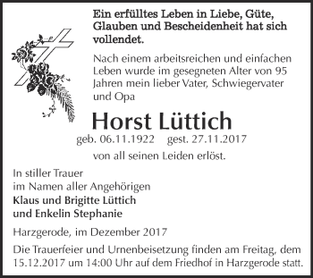 Traueranzeige von Horst Lüttich von Super Sonntag Quedlinburg
