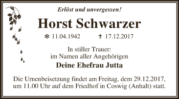 Traueranzeige von Horst Schwarzer von WVG - Wochenspiegel Dessau / Köthen