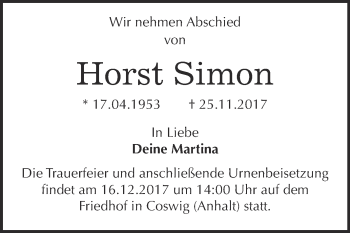 Traueranzeige von Horst Simon von Super Sonntag Wittenberg