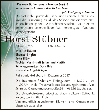 Traueranzeige von Horst Stübner von WVG - Wochenspiegel NMB / WSF / ZTZ