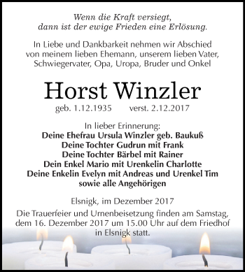 Traueranzeige von Horst Winzler von WVG - Wochenspiegel Dessau / Köthen