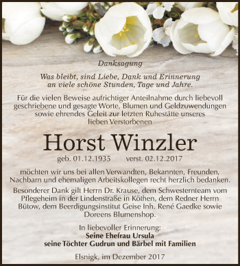 Traueranzeige von Horst Winzler von WVG - Wochenspiegel Dessau / Köthen