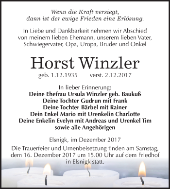 Traueranzeige von Horst Winzler von Mitteldeutsche Zeitung Köthen