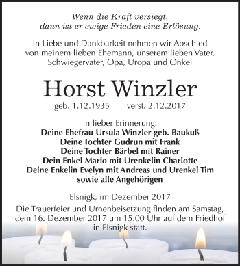 Traueranzeige von Horst Winzler von Mitteldeutsche Zeitung Köthen