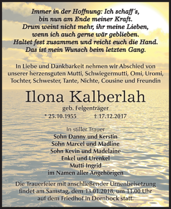 Traueranzeige von Ilona Kalberlah von Mitteldeutsche Zeitung Bernburg
