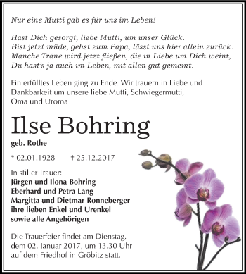 Traueranzeige von Ilse Bohring von Mitteldeutsche Zeitung Weißenfels