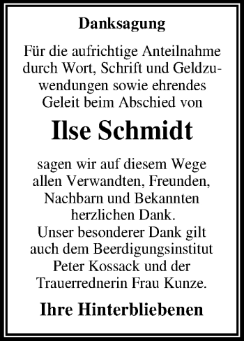 Traueranzeige von Ilse Schmidt von Mitteldeutsche Zeitung Dessau-Roßlau