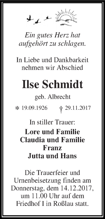 Traueranzeige von Ilse Schmidt von WVG - Wochenspiegel Dessau / Köthen