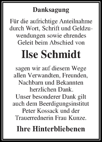Traueranzeige von Ilse Schmidt von WVG - Wochenspiegel Dessau / Köthen