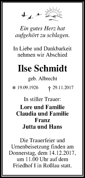 Traueranzeige von Ilse Schmidt von Mitteldeutsche Zeitung Dessau-Roßlau