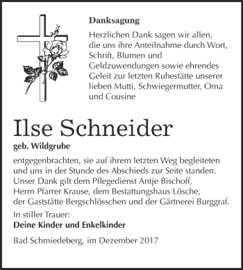 Traueranzeige von Ilse Schneider von WVG - Wochenspiegel Wittenberg